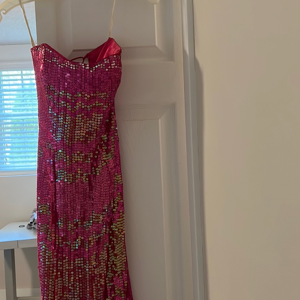 strapless pink sequence formal dress